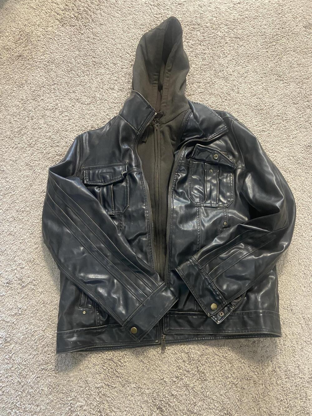 Sonoma Jacket Mens Large Black Faux Leather Hooded Sherpa Lined Motorcycle Zip